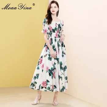 MoaaYina Designer de Moda rochie de Vara Rochie de Femei talie Elastic Rose Floral-Print Vacanta Maxi Rochii de Bumbac