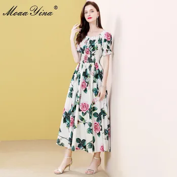 MoaaYina Designer de Moda rochie de Vara Rochie de Femei talie Elastic Rose Floral-Print Vacanta Maxi Rochii de Bumbac