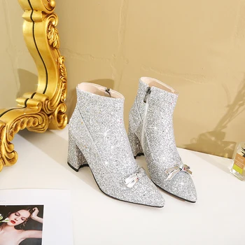 Moda Cizme Glezna Femei Pătrat Tocuri inalte Papuceii Alunece de Pe Deget a Subliniat Primavara Toamna Doamnelor Pantofi de Nunta de Argint cizme pentru femei