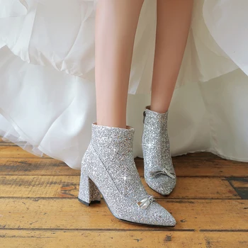 Moda Cizme Glezna Femei Pătrat Tocuri inalte Papuceii Alunece de Pe Deget a Subliniat Primavara Toamna Doamnelor Pantofi de Nunta de Argint cizme pentru femei