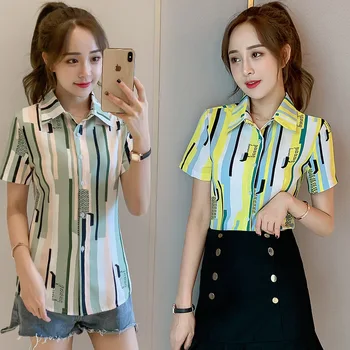Moda coreeană Sifon Femei Tricouri cu Dungi Guler de Turn-down Femei Bluze Plus Dimensiune XXXL Blusas Femininas Elegante Femei Topuri