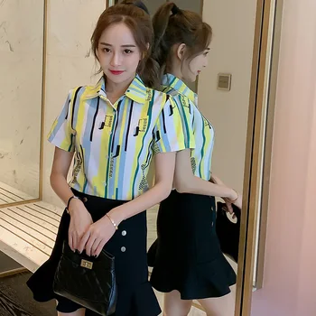 Moda coreeană Sifon Femei Tricouri cu Dungi Guler de Turn-down Femei Bluze Plus Dimensiune XXXL Blusas Femininas Elegante Femei Topuri