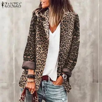 Moda Leopard Imprimate Jachete ZANZEA Femei Toamna cu Maneci Lungi Haine de sex Feminin Rever Gat Buton Uza de Muncă Casual Cardiagn 5XL