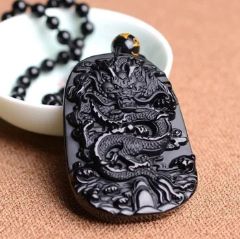 Moda Naturale Obsidian Pandantiv Colier Negru Sculptate Zodia Dragon Bine Sculptură Chineză Mascota Amuleta Norocoasă pentru Bărbați