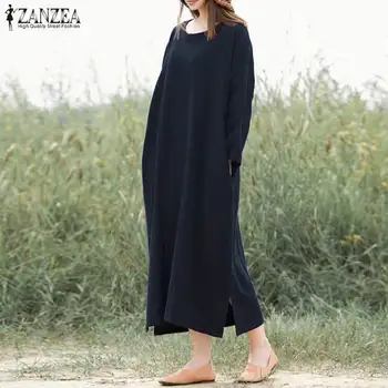 Moda O de Gât Halat Femei Solide Sundress ZANZEA 2021 Casual cu Maneca Lunga din Bumbac Vestidos de sex Feminin Toamna Maxi Rochie Plus Dimensiune