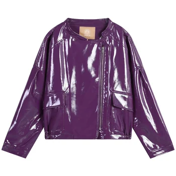 Moda violet luminos piele lucioasa canadiană de îmbrăcăminte de sex feminin European de noi bf vânt supradimensionat din piele de brevet jachete F38