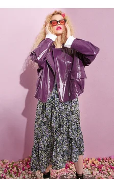 Moda violet luminos piele lucioasa canadiană de îmbrăcăminte de sex feminin European de noi bf vânt supradimensionat din piele de brevet jachete F38