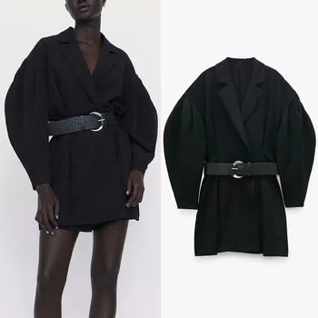 Moda Za Femei'sJumpsuit 2020 Toamna Retro Negru Rever Maneca Lunga Talie Mare, Cu Centura Salopeta Scurta pentru Femei Casual Femei