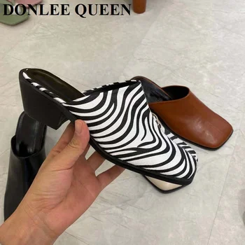 Model Zebra Catâr Pantofi Femei La Mijlocul Toc, Deget De La Picior Pătrat Papuci De Casă În Aer Liber, Tobogane De Aproape Toe Flip Flops 2021 Nouă Primăvară Zapatillas Mujer