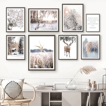 Natură, Iarnă, Zăpadă, Peisaj Panza Pictura Reni Pasăre De Zăpadă Peisaj Tapet Acasă Decor Dormitor Poster De Arta De Imprimare Imagine