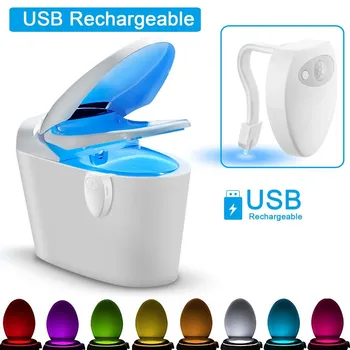 New Sosire USB Reîncărcabilă LED Toaletă Lumina Construit În Baterie 8 Culori rezistent la apa Senzor de Mișcare Toaletă Lampa