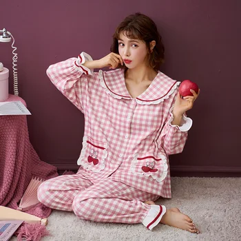 NIGHTWA Iarna Pijamale Pentru Femei Pijamale de Bumbac Doamnelor Pijama Set Mâneci Lungi+Pantaloni Carouri Pijamale Cardigan Pijama Pijama