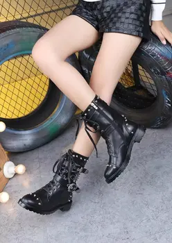 Nituri Metalice Punk Femei Cizme Negre Cu Catarame Din Piele Rece Botas Fenimina Fete Motociclete Retro Papuceii Mujer Glezna Cizme