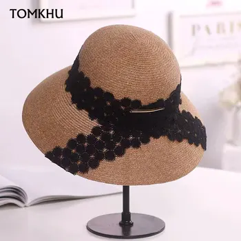 Noi Vara Pălărie de Soare Pentru Femei Margine Largă Packable Pălărie de Paie Alb Negru Dantelă Flori Cloche Plaja Capace Anti-UV de Înaltă Calitate, 55-59cm