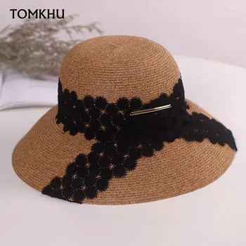 Noi Vara Pălărie de Soare Pentru Femei Margine Largă Packable Pălărie de Paie Alb Negru Dantelă Flori Cloche Plaja Capace Anti-UV de Înaltă Calitate, 55-59cm