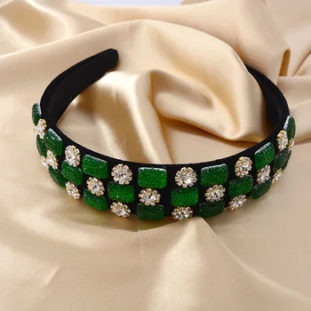 Nou Stil Baroc De Lux Stras Pătrat Verde Gem Bentita Femei Coroana Largă De Bijuterii De Catifea Neagră Hairband Nunta Accesorii De Par