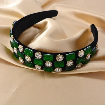 Nou Stil Baroc De Lux Stras Pătrat Verde Gem Bentita Femei Coroana Largă De Bijuterii De Catifea Neagră Hairband Nunta Accesorii De Par