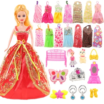Noua Moda Handmade 27 De Articole/Lot Cu O Cutie-Cadou Jucarii Copii =1 Papusa + 15 Rochii Haine +11 Papusa Accesorii Pentru Barbie Dressing