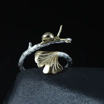 Noul design argint 925 artă mici proaspete frunze de ginkgo inel de sex feminin drăguț melc inel reglabil inel de argint bijuterii fine