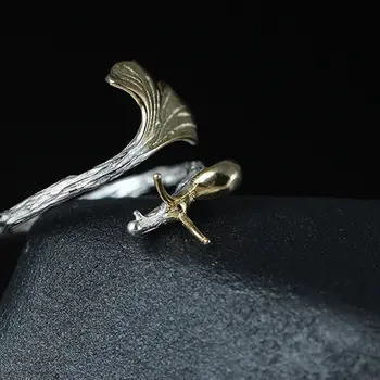Noul design argint 925 artă mici proaspete frunze de ginkgo inel de sex feminin drăguț melc inel reglabil inel de argint bijuterii fine