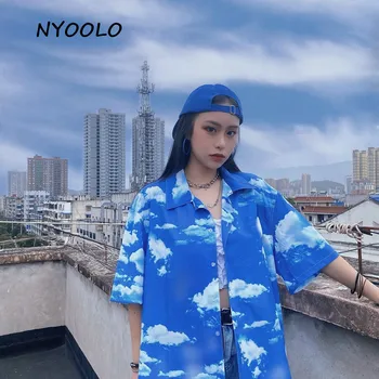NYOOLO Harajuku streetwear cer Albastru nori maneca scurta tricou femei haine de Vară liber de turn-down guler camasa topuri de sex feminin