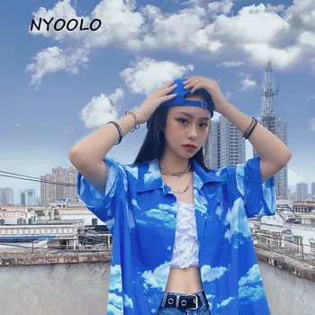 NYOOLO Harajuku streetwear cer Albastru nori maneca scurta tricou femei haine de Vară liber de turn-down guler camasa topuri de sex feminin