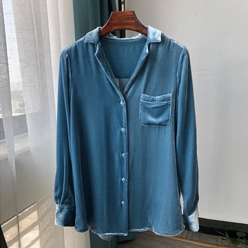 O Parte S-Au Înghesuit Femei Camasi Toamna Albastru Inchis Cu Maneci Lungi Crestate Guler Birou Doamnă Bluze 2020 Topuri Casual Camisas Mujer