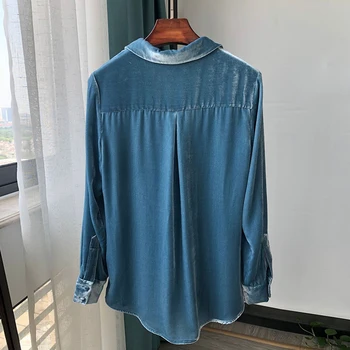 O Parte S-Au Înghesuit Femei Camasi Toamna Albastru Inchis Cu Maneci Lungi Crestate Guler Birou Doamnă Bluze 2020 Topuri Casual Camisas Mujer