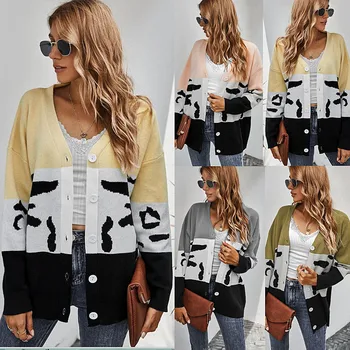 Original Transfrontaliere Femei EBay 2020 Iarna Noi Culori Contrastante Cardigan Pulover Haina Vintage