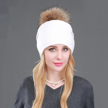 Palarie Pentru Femei De Iarnă Knit Beanie Toamna Lână Blană De Raton Pompom Straturi Duble Pălării În Aer Liber Schi Pe Zapada Accesoriu Adolescenti