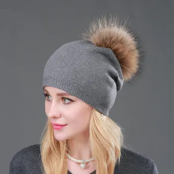 Palarie Pentru Femei De Iarnă Knit Beanie Toamna Lână Blană De Raton Pompom Straturi Duble Pălării În Aer Liber Schi Pe Zapada Accesoriu Adolescenti