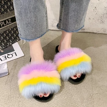 Pantofi Pentru Femei 2020 Femeie De Culoare Curcubeu De Blană Pufos Doamnelor Sandale Plate Coreea Moda Confortabil Moale Anti-Alunecare Pentru Femei Papuci