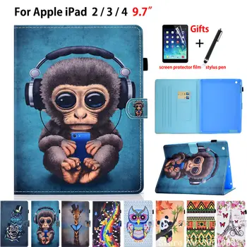 Pentru Apple iPad 2 3 4 Capac Caz Funda Tableta Silicon PU Piele Pentru iPad2 iPad3 iPad4 desen Animat maimuță Stand Piele Shell +Cadou
