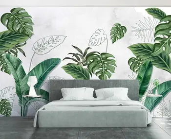 Personalizate 3D de mari dimensiuni murală de fundal proaspete Nordic plante de mână-pictat frunze tropicale peretele din fundal