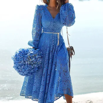Petrecere de nunta dantela albastra rochie eleganta v gât butonul de sus de o linie femei sexy goale de vacanță seară rochii midi logn maneca toamna