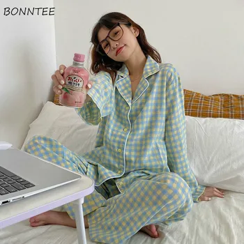 Pijama Seturi pentru Femei Retro Carouri Guler de Turn-down Full Lungime Pantaloni Stil coreean de Agrement Louge Purta Kawaii Elevii de Toamnă la Modă