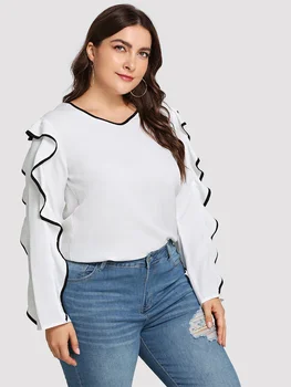 Plus dimensiune 5XL XXXXL Femei Subțire Topuri Nou Sifon Volane O-Neck cămașă de vânzare Fierbinte Casual cu Maneca Lunga Bluza