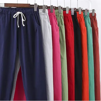 Plus Dimensiune M-7XL Primavara-Vara Pantaloni de Creion de Culoare de 10 Femei Lenjerie de pat din Bumbac Pantaloni Subțiri Casual Solidă Cordon Pantaloni Cu buzunare