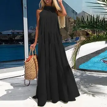 Plus Dimensiune ZANZEA Femei Sundress 2021 Vara Elegante Ștreangul de Gât Maxi Volane Rochie de Plajă Feminin rochițe scurte fără mâneci Rochii Casual Vestidos