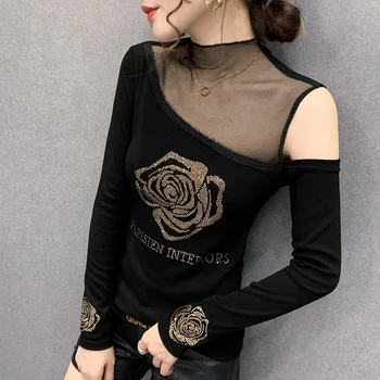 Primavara Toamna Stil coreean tricou Chic, Sexy Diamante Rose Mozaic Femei Topuri Ropa Mujer Maneci Lungi se Potrivesc Teuri T09903L