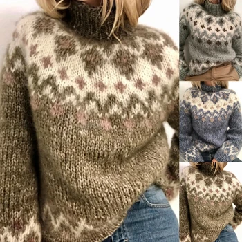 Pulover Femei Guler Pulover tricotat Jacquard Țese Maneca Lunga Pulover Cald de Îmbrăcăminte pentru Femei de Stradă trage femme 2021