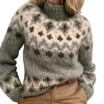 Pulover Femei Guler Pulover tricotat Jacquard Țese Maneca Lunga Pulover Cald de Îmbrăcăminte pentru Femei de Stradă trage femme 2021