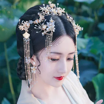 QIANJI Chineză mireasa costum de articole pentru acoperirea capului set complet de ac de păr show Wo ciucure ac de păr de epocă accesorii de par cu accesorii