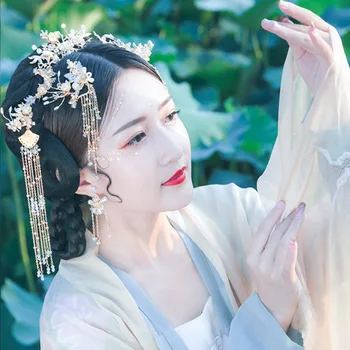 QIANJI Chineză mireasa costum de articole pentru acoperirea capului set complet de ac de păr show Wo ciucure ac de păr de epocă accesorii de par cu accesorii