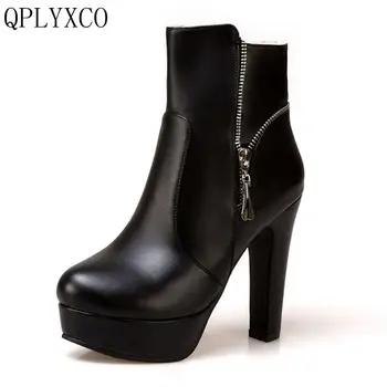 QPLYXCO 2017 Nouă dimensiune Mare 34-50 glezna cizme scurte de Toamna iarna stil Sexy Femei tocuri Platforma Petrecere de nunta pantofi 3679