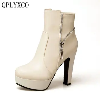 QPLYXCO 2017 Nouă dimensiune Mare 34-50 glezna cizme scurte de Toamna iarna stil Sexy Femei tocuri Platforma Petrecere de nunta pantofi 3679