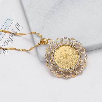 Rabian Monedă Antică Pandantiv Musulman Cristal Coliere Femei/Bărbați,Două Tonuri De Culoare De Aur De Bijuterii Orientul Mijlociu Africa Cadou