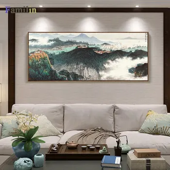 Rezumat Imprimare Panza de Pictura Arta Chineză de Cerneală Pictura Peisaj în Perete de Epocă Imagine Pentru Living Decorul Camerei