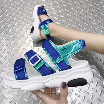 Rimocy Laser Albastru Cataramă Pene Sandale pentru Femei cu Fund Gros Platforma Pantofi de Vara pentru Femeie 2020 Casual Sport Sandalias Mujer