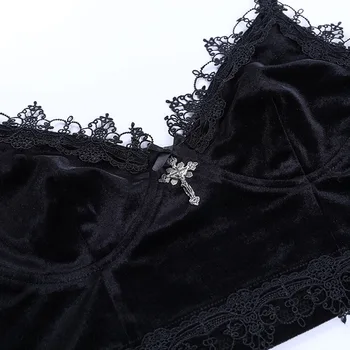 Rosetic Gotic Rezervor De Top Pentru Femei Primavara-Vara Designer De Moda Sexy Camis Clubwear Negru Dantelă Roșie De Catifea V-Gât Scurt De Epocă